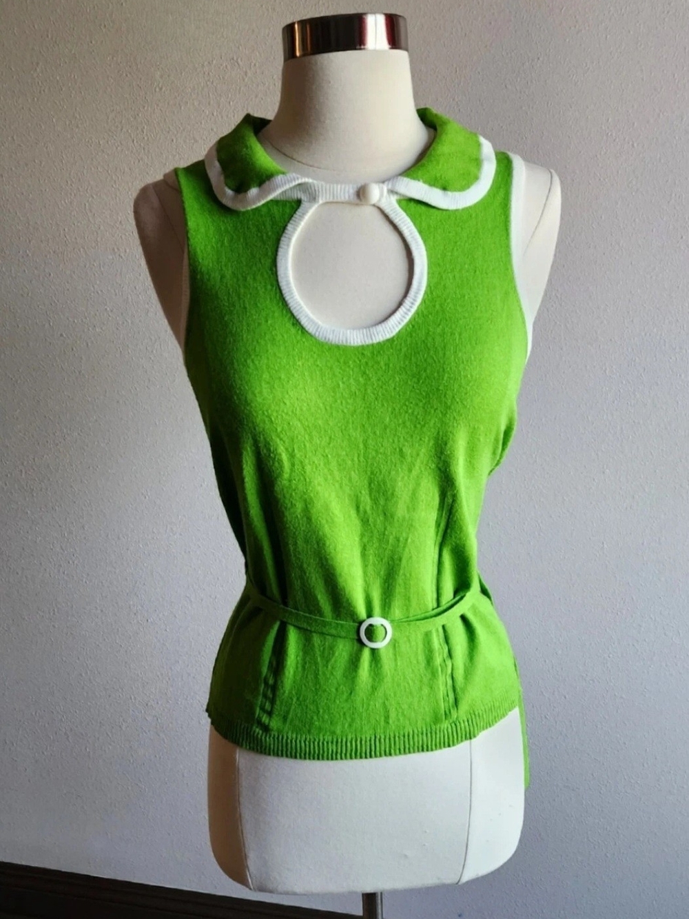 Milly Bright Green Sleeveless Keyhole Belted Knit Top Retro 50s